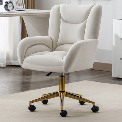 Velvet Fabric 360 Swivel Home Office Chair With Gold Metal Base And Universal Wheels,Ivory