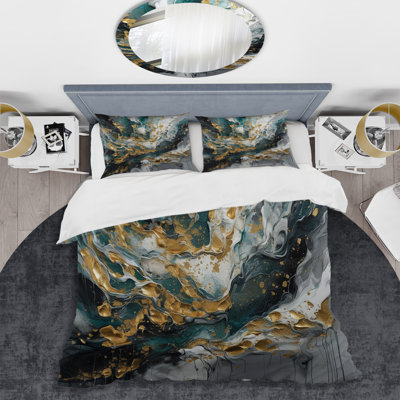 Gold Teal Ink On Stone BeddingMicrofiber / Polyester Duvet Cover Set