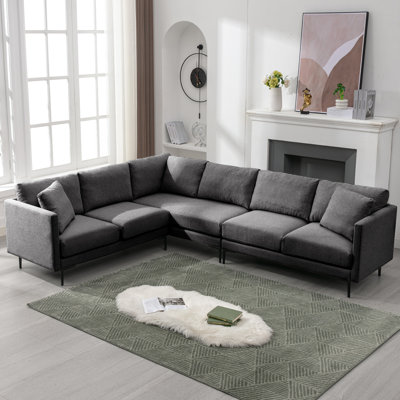 107" L-Shaped 5-Seater Corner Sectional Sofa Set with Metal Legs & Pillows, Dark Grey