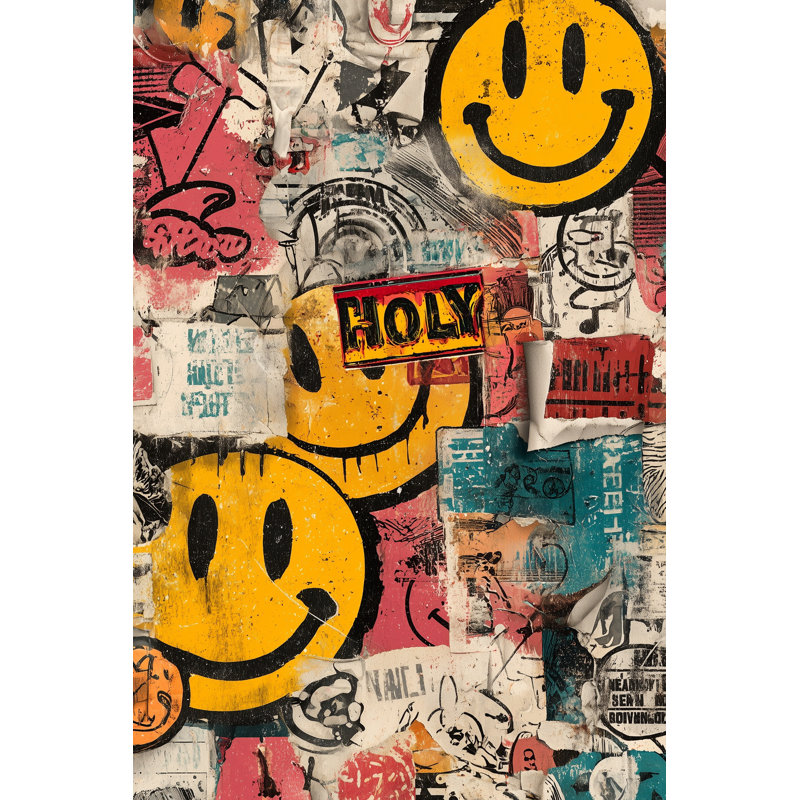 Papier peint graffiti, décoration murale amovible visage souriant