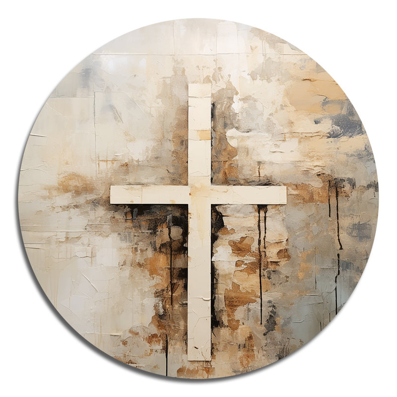 Minimalisme, Christianisme, croix, collage, spirituel, métal rond, art, H 29 po x l 29 po