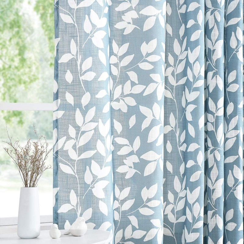 Rideaux pour salon, rideaux à imprimé de feuilles pour panneaux de rideaux à œillets pour chambre 1, Bleu