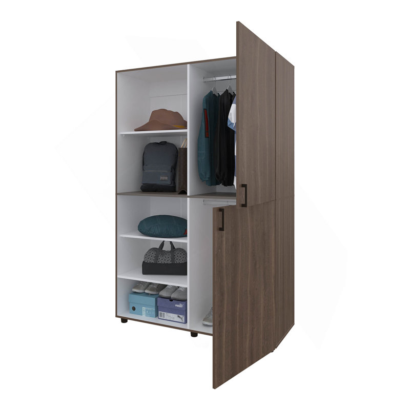 Armoire 2 portes grise noyer et blanc avec rangement ouvert