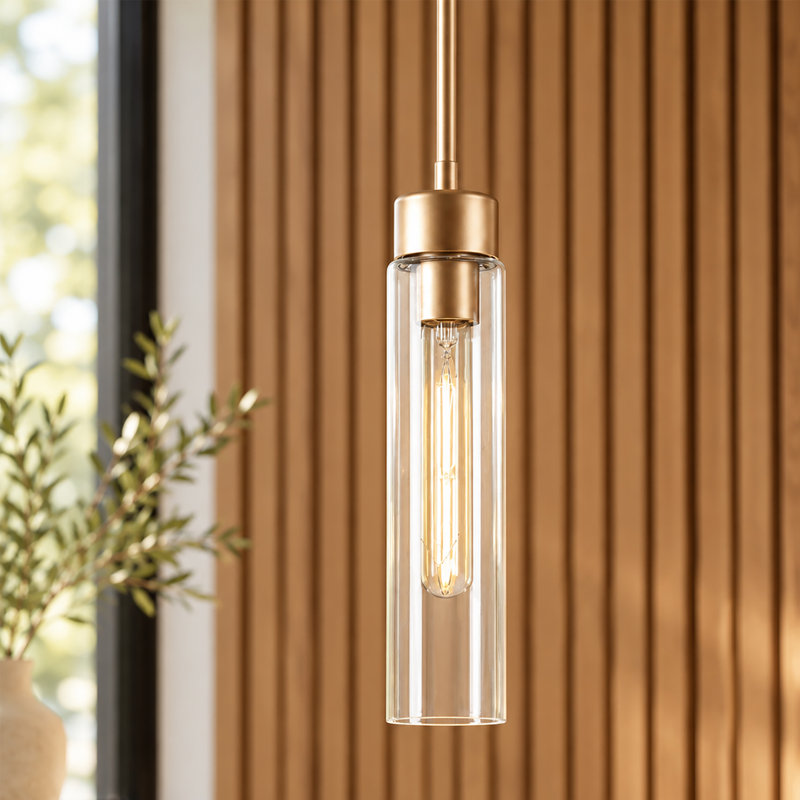 Suspension cylindrique Arnita à 1 lumière, intensité variable, style moderne du milieu du siècle, verre transparent, finition or brossé, idéale pour le salon.