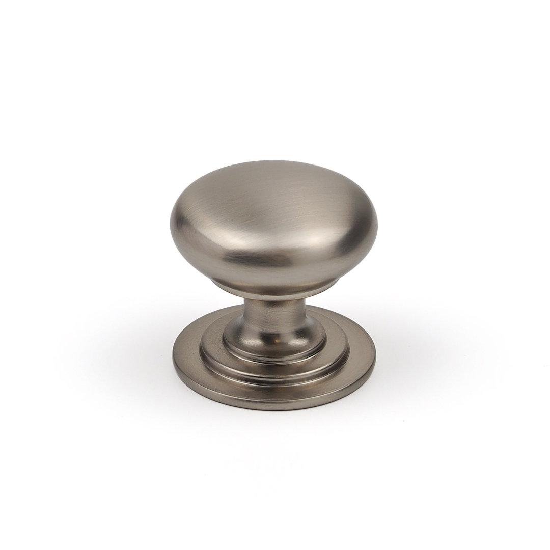 Brushed Nickel Cup Handle & Coordinating Round Knobs