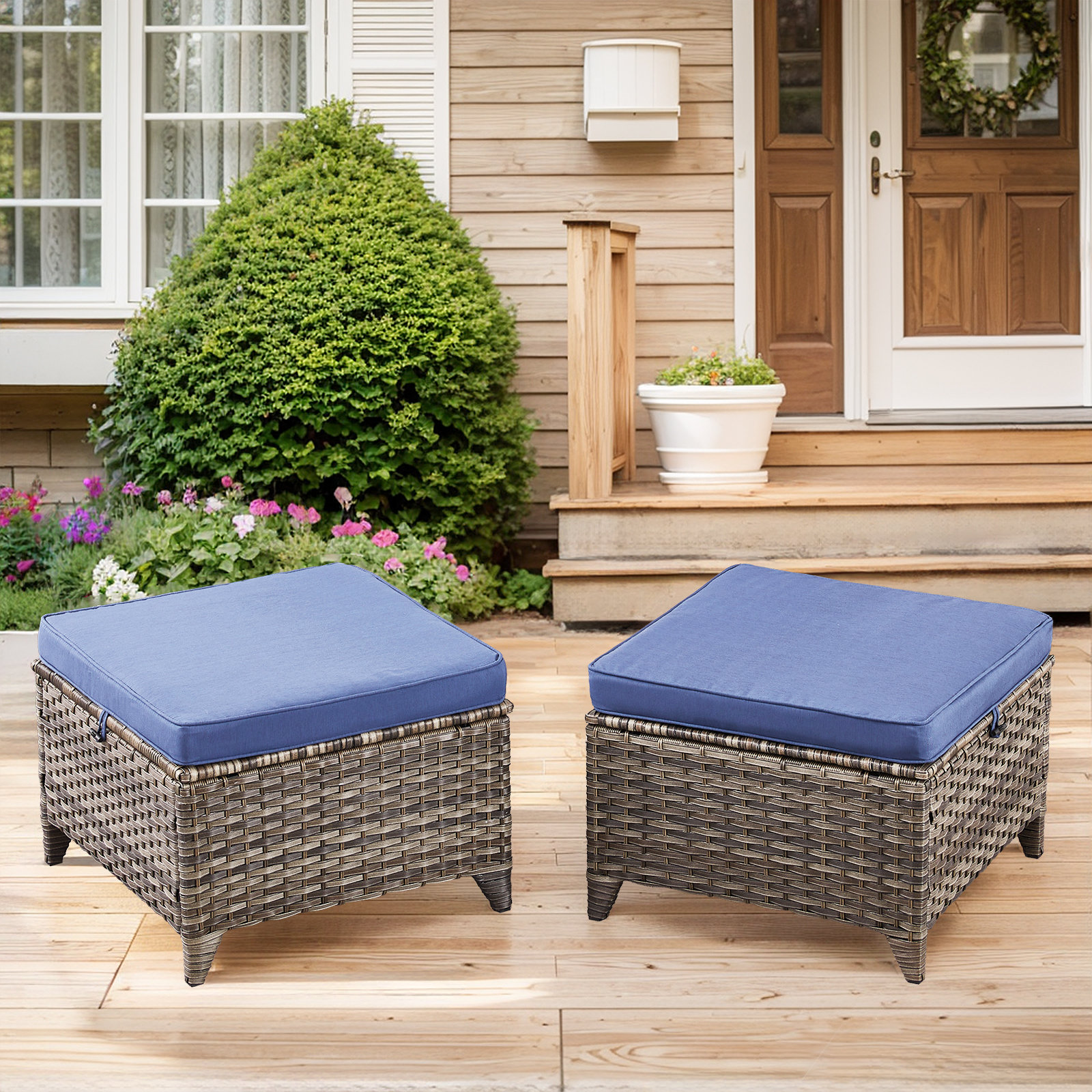 Lark Manor™ Carlston Outdoor Wicker Ottomans with Sunbrella® Cushion ...