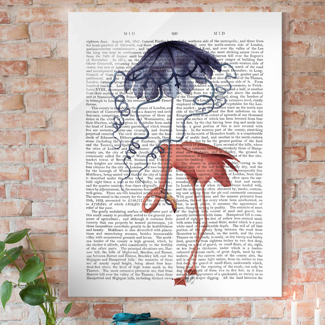 Glasbild Animal Reading - Flamingo mit Regenschirm