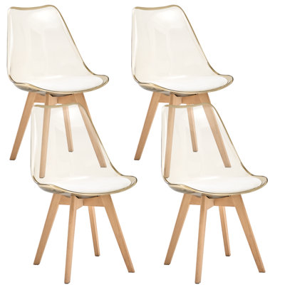 Acrylic Dining Chairs Set of 4, Clear Kitchen Chair with Padded Seat, Solid Wood Legs For Living Room, Home Office, Light Brown