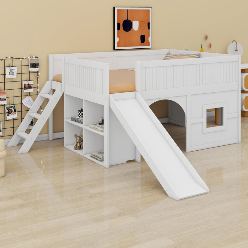 Lit mezzanine bas fonctionnel avec glissade et tablettes intégrées, Blanc