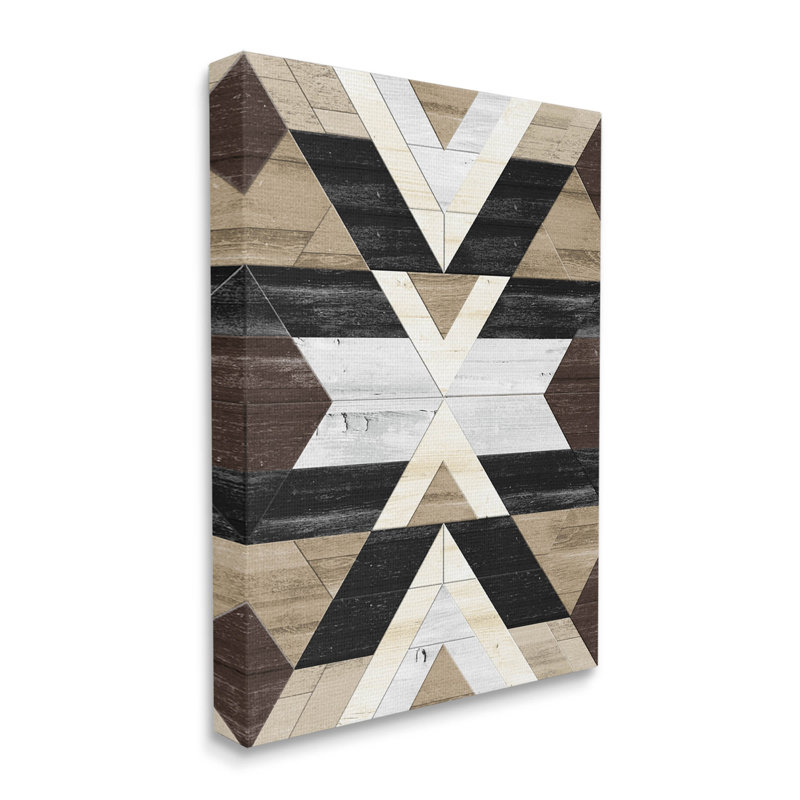Rustic Linear Aztec Shapes Wooden Wall Art in Beige and Black