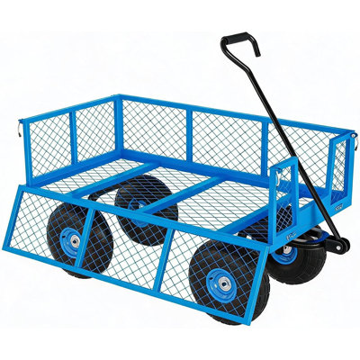 Chariot de jardin robuste 3 en 1 en acier, capacité de charge de 408 kg, roues silencieuses de 25 cm, côtés en filet amovibles, pour le transport de terre, de plantes et d'outils de jardinage