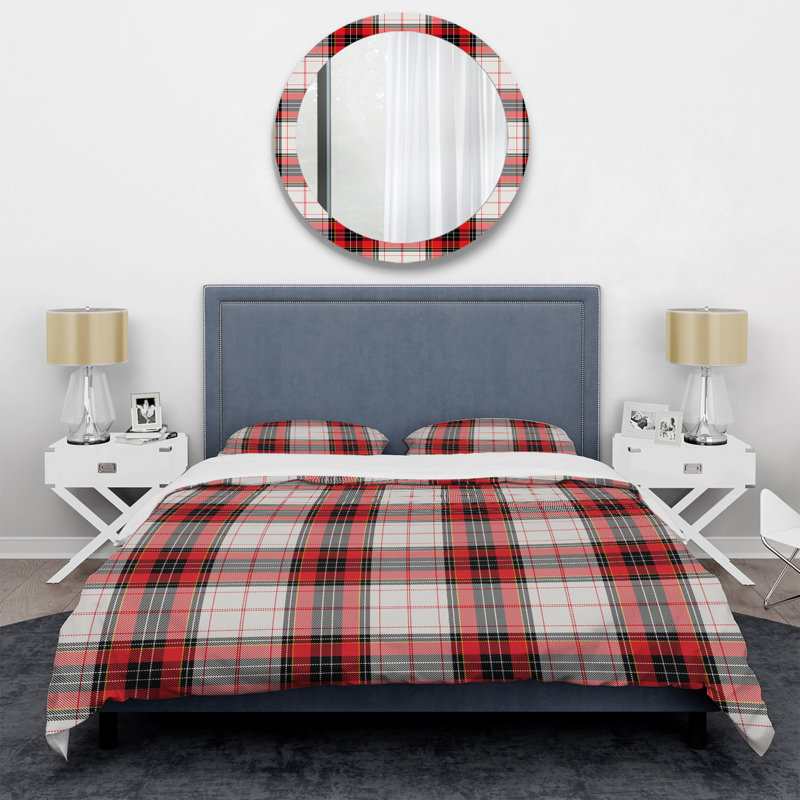 Tartan à carreaux blanc et rouge - Ensemble de housse de couette abstrait - Microfibre de polyester