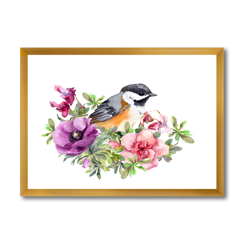 Oiseau mignon en fleurs roses et mauves - peinture sur toile, H 24 po x l 32 po x P 1 po, Cadre doré