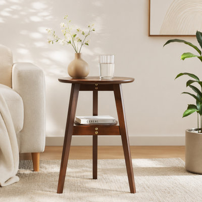 100% Solid Wood 2-Tier Side Table Sofa Side Table Living Room End Table Bedside Table,Solid Wood Round End Table, 2-Tier Small Side Table with Lower S