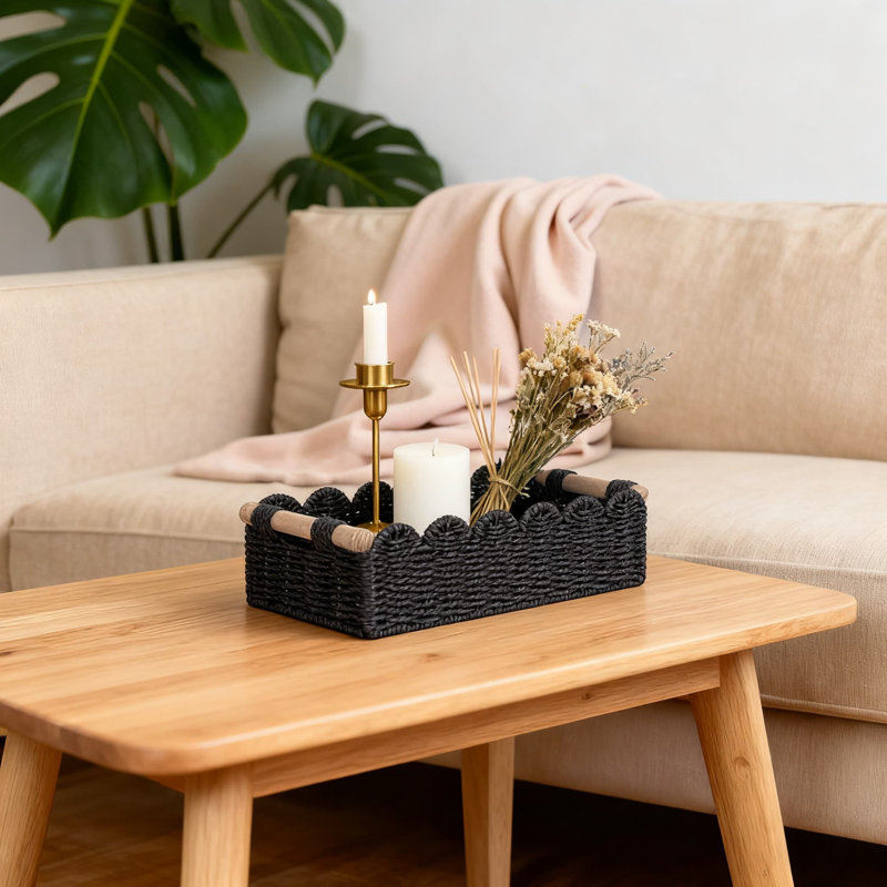 Scalloped Woven Storage Baskets, 2-Pack Handcrafted Paper Rope Decorative Baskets For Bathroom Over Toilet, Living Room, Bedroom Organization And Home Decor