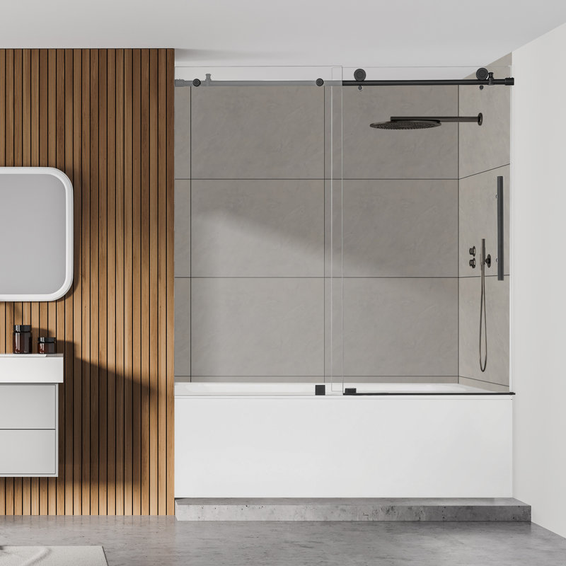 Porte de baignoire coulissante simple sans cadre l 56 "- H 60" x H 58 ", Noir