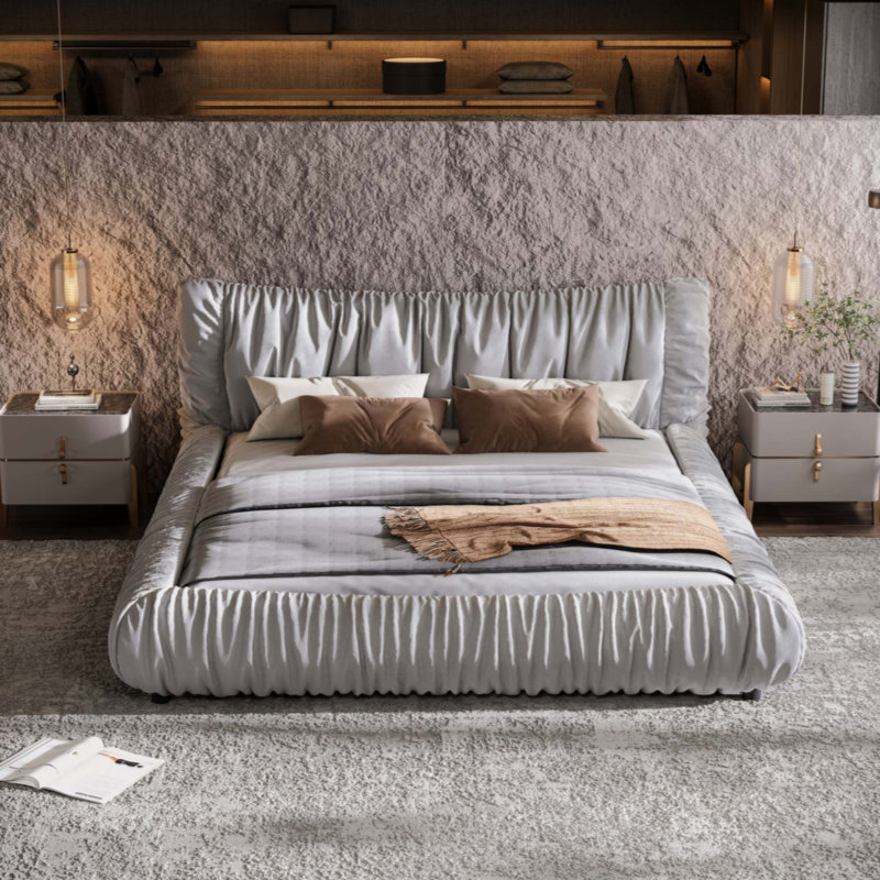 Lit plateforme tapissier très grand de luxe avec coussin amovible surdimensionné et structure de lit en bois de pin massif