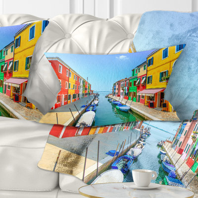 Designart 'Colourful Burano Island Canal Venice' Landscape Printed Throw Pillow