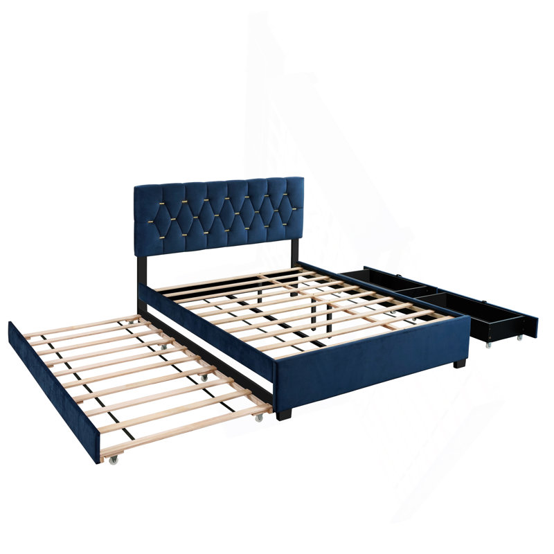 Grand lit moderne en velours avec lit gigogne double et 2 tiroirs de rangement - Bleu
