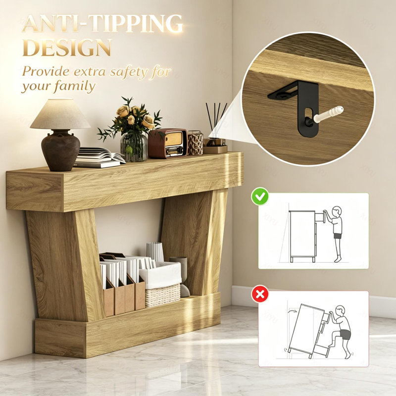 Console rétro vintage, table d'entrée longue avec tablette de rangement pour le couloir et le salon, Oak