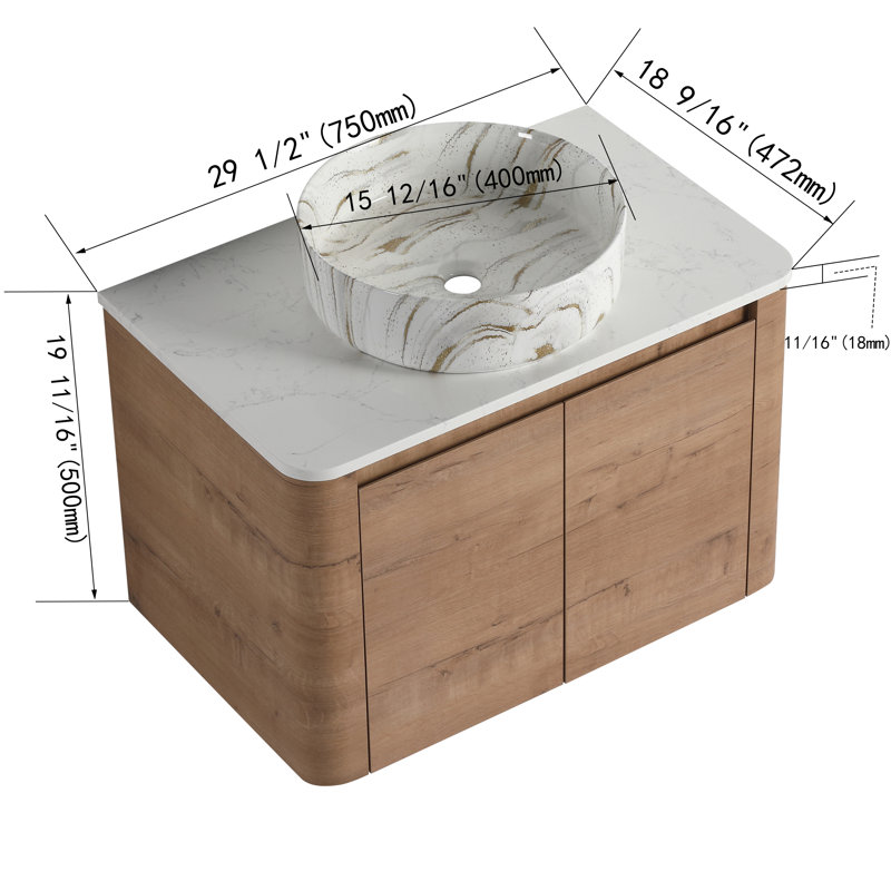 30'' Single Floating Bathroom Vanity With Ceramic Art Sink, Wall Mounted Bathroom Vanity With 2 Soft Close Doors
