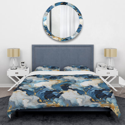 Motif de marbre Mailie céleste or et bleu - Ensemble de housse de couette en marbre - Microfibre de polyester
