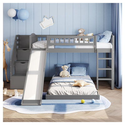 Lit superposé simple au-dessus de simple avec glissière et deux tiroirs de rangement en bois massif gris Stairway