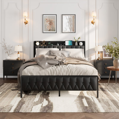 Modern Black Bedroom Furniture Set - King Size - PU Faux Leather Upholstered Bed, Button Headboard & Footboard, Built-in Charging Station, 12" Storage, Noise-Free, No Box Fresh Needed - With Socket