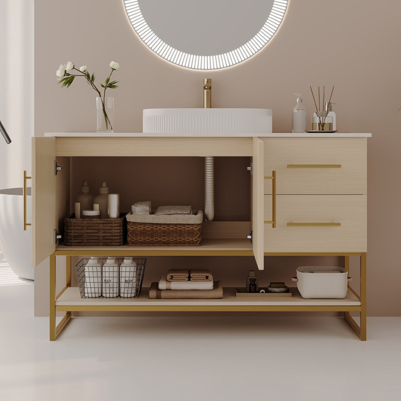 Meuble-lavabo moderne de 36 po avec lavabo vasque en céramique, armoire d'appoint dorée, Ameican White Oak