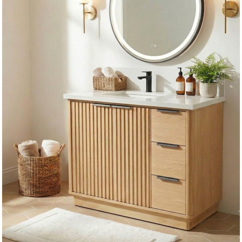Ensemble de meuble-lavabo cannelé double 60 po avec comptoir en quartz et lavabos en porcelaine 60 po, 60", Natural