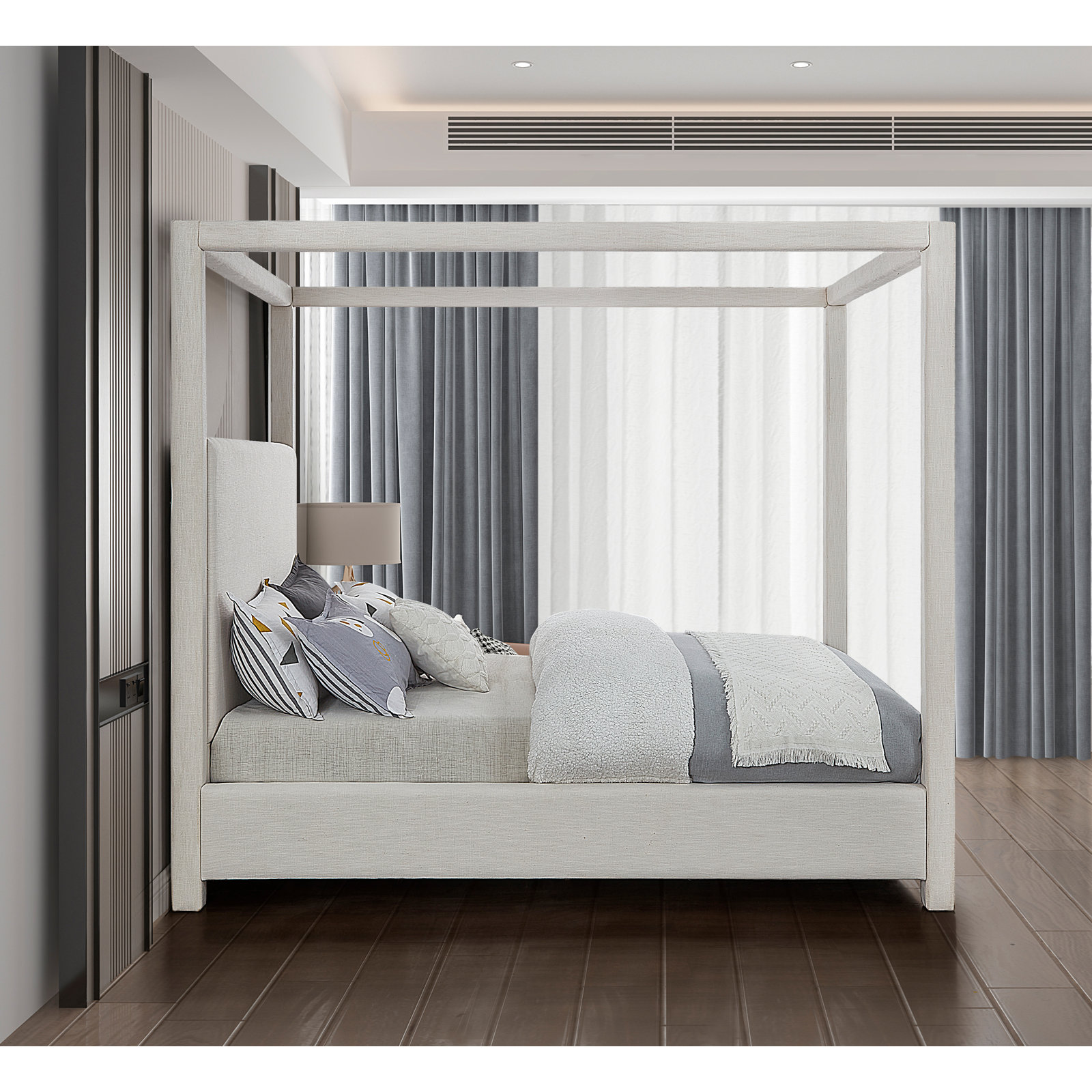 Mistaya Upholstered Canopy Bed, King, Cream Linen