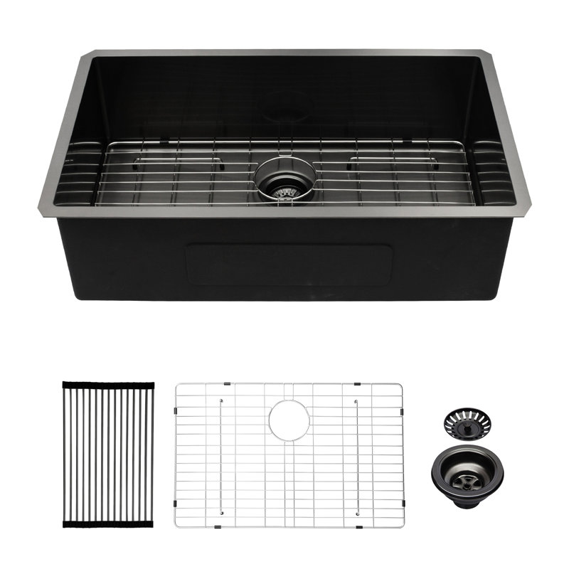 Évier de cuisine encastrable 33 po x 19 po x 10 po - Noir mat, acier T304, résistant à la corrosion et à la rouille, calibre 16, à protection nano, coins à rayon R10 pour un entretien facile, acier inoxydable, rouille et teinture