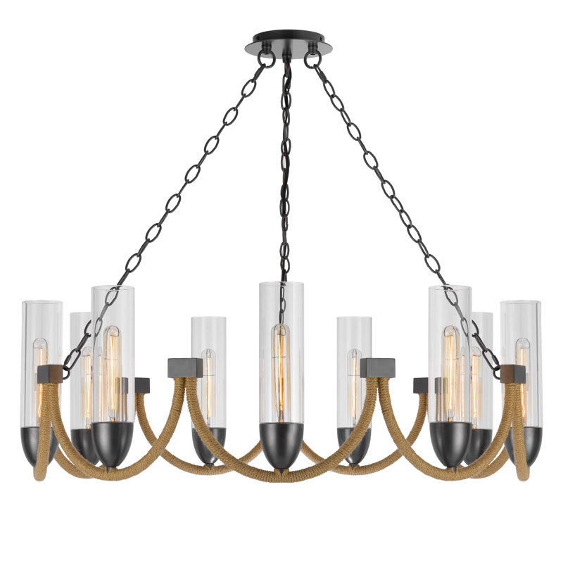Lustre en métal bronze foncé à 9 lumières Argyle avec abat-jour en verre et détails corde, H 12 po x l 35,75 po x P 35,75 po