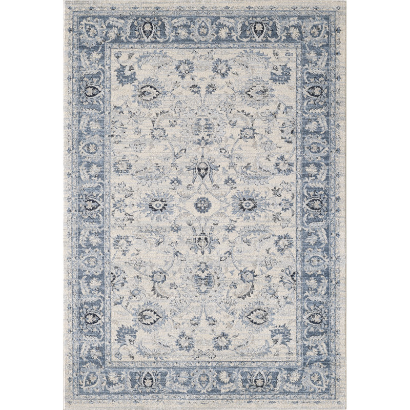 Tapis oriental ivoire / bleu Bourque, Rectangle 5 pi 3 po x 7 pi 6 po