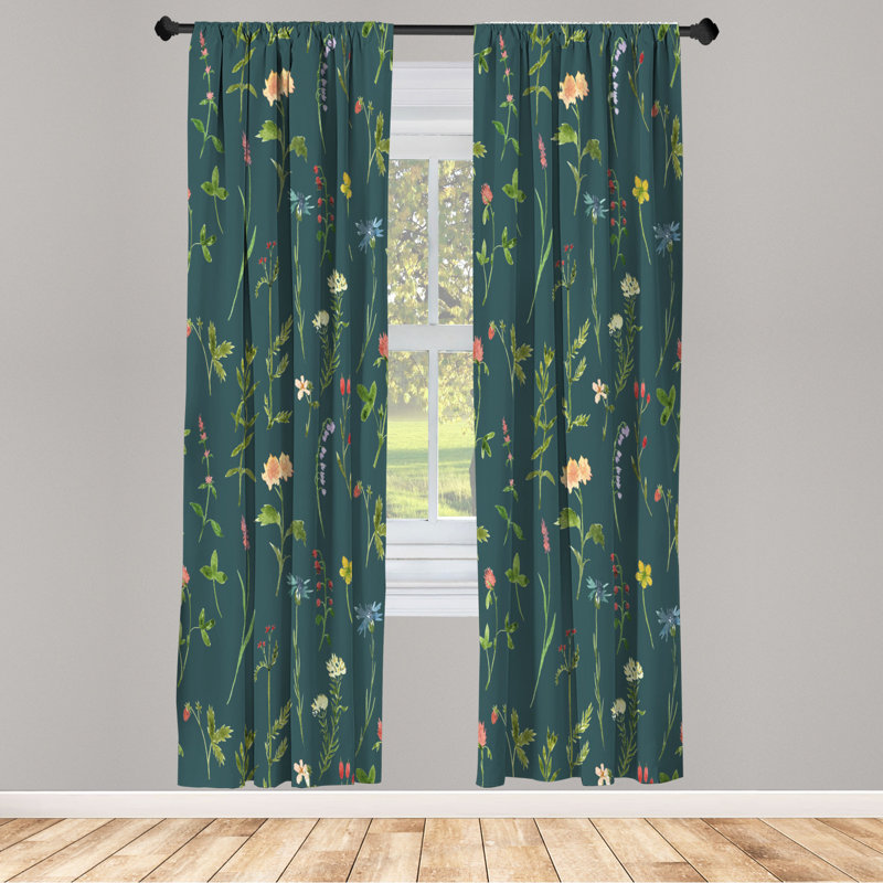 Microfiber Floral Semi-Sheer Rod Pocket Curtain Panels, 28" W x 63" L, Dark Green/Yellow