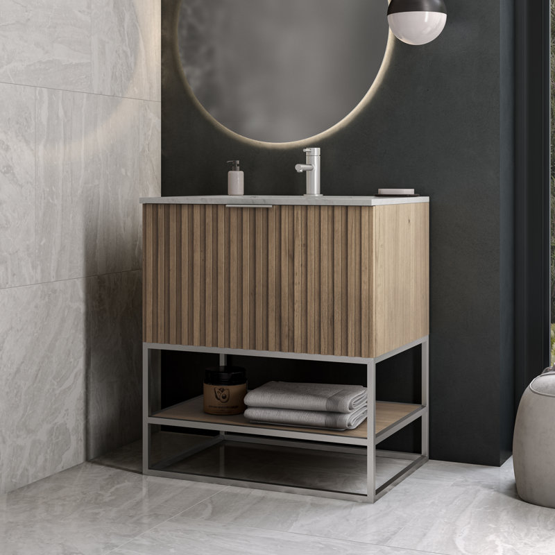 Terra 30'' Single Bathroom Vanity with Top, Walnut, Carrara Marble/Single Faucet Mount, Brushed Nickel