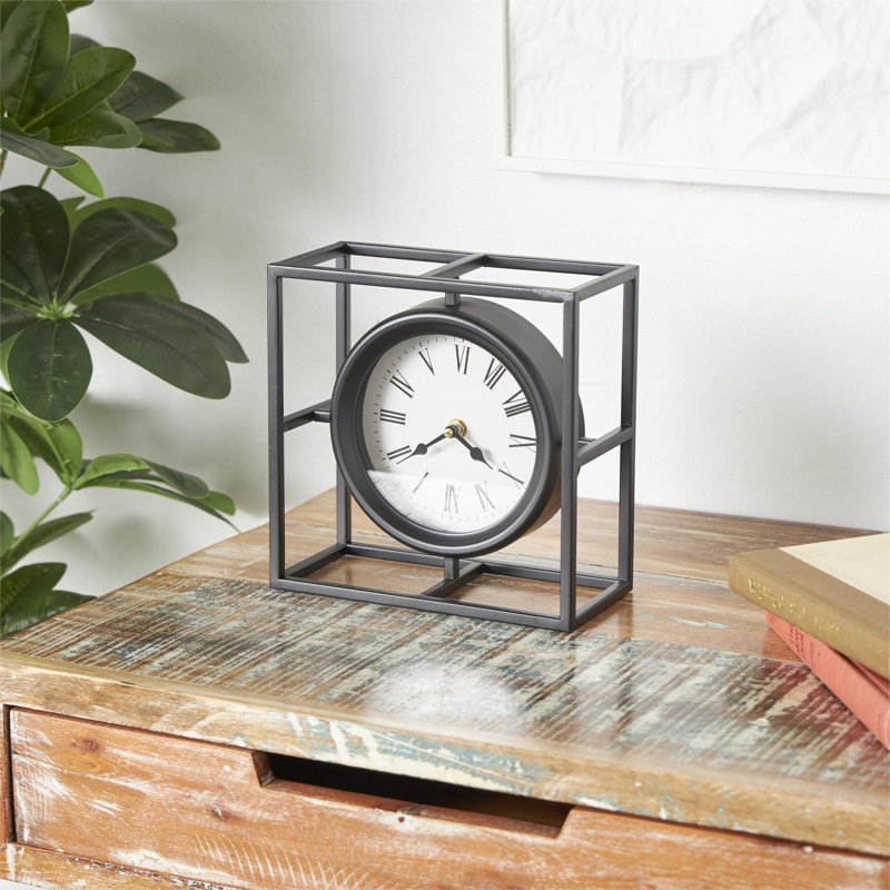 Metal Geometric Decorative Clock Mantel Clock With Open Square Frame, Tabletop Clock 9" X 4" X 9", Black