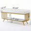 Banc à chaussures d'entrée rembourré de 120 cm (47,24 po), banc de rangement pour chaussures avec structure en métal doré, coussin capitonné en PU et tablette inférieure