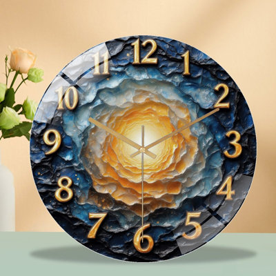 Clock Face Golden Numbers Vortex Art - 12'' Modern Glass Wall Clock