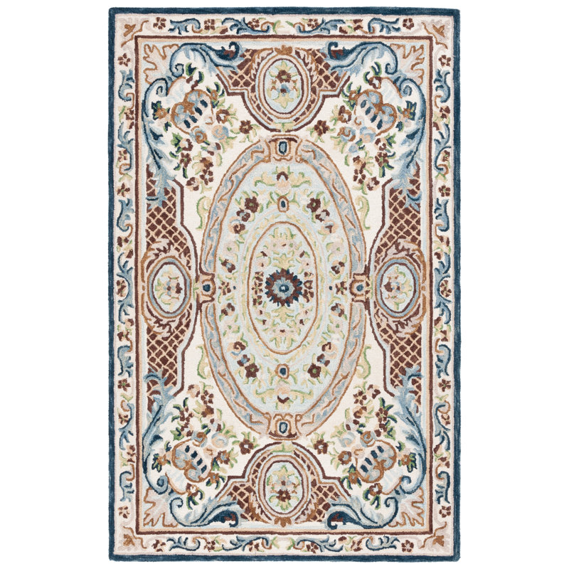 Cliatt Tufted Wool/Cotton Performance Floral Rug in Blue/Ivory, Rectangle 5' x 8'