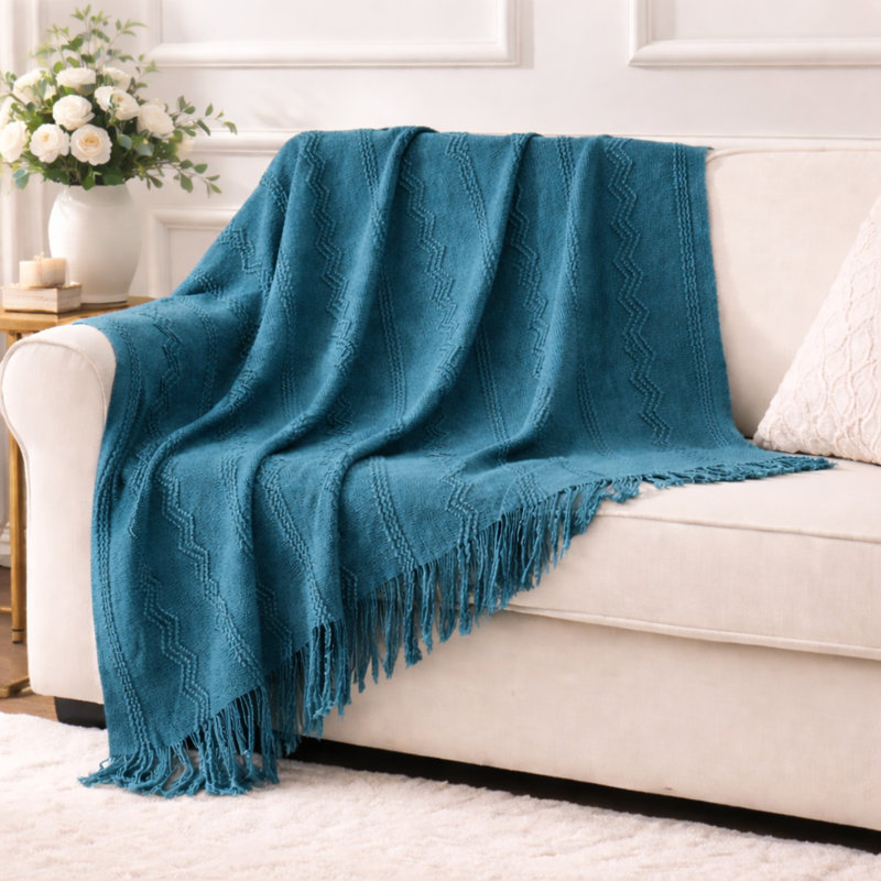 Jeté en tricot bleu sarcelle douillet avec frange - texture douce tissée texturée, 50 po x 60 po, Teal