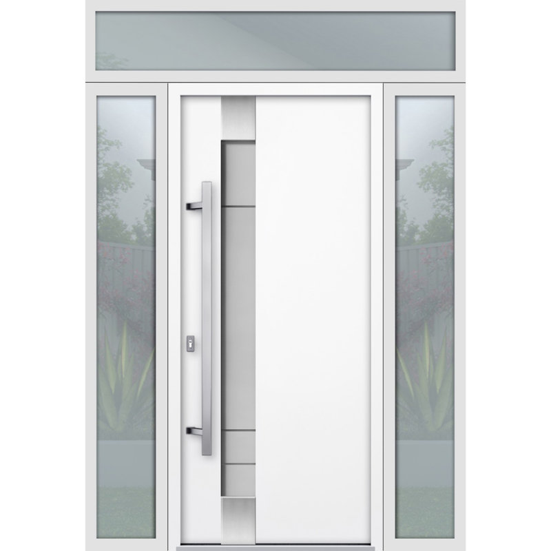 Porte d'entrée extérieure prémontée en acier Deux 1713, émail blanc, 2 fenêtres latérales et supérieures noires, inserts en acier inoxydable, style moderne, peinte, dimensions : L 12 + 36 + 12 x H 80 + 16, ouverture à droite vers l'intérieur