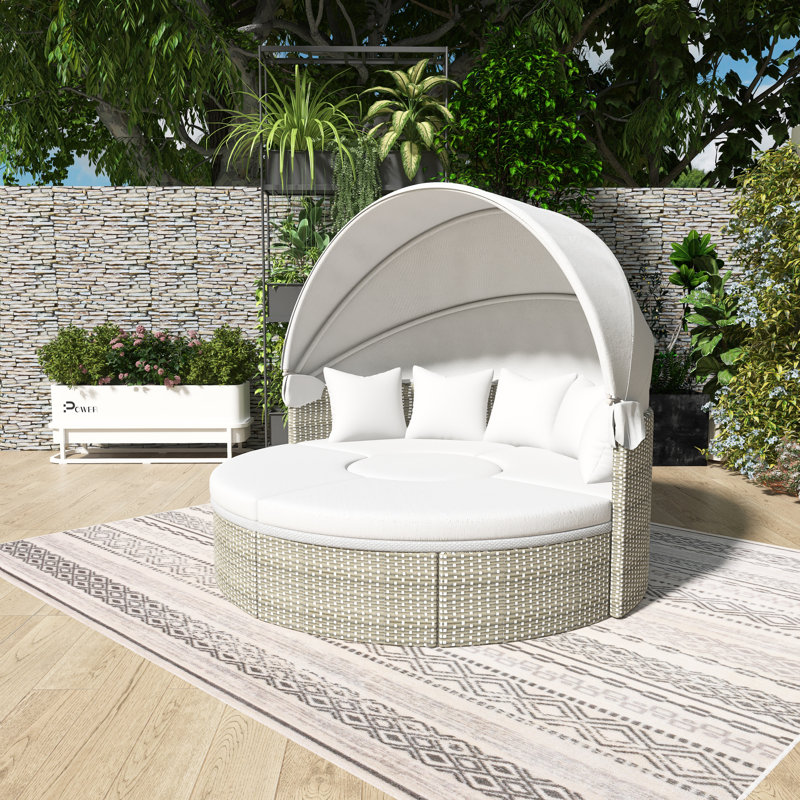 Canapé d'extérieur en rotin pour terrasse avec auvent rétractable, siège séparé et coussin amovible