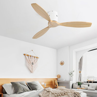 52 Inch Indoor 3 Solid Wood Blade Ceiling Fan Noiseless Reversible DC Motor Remote Control