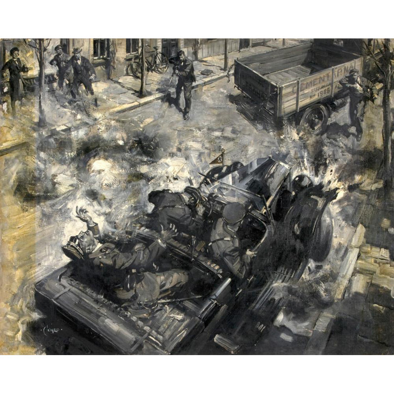 «Assassination of Reinhard Heydrich» par Terence Cuneo, reproduction d'art sur toile tendue avec châssis, H 24 po x l 17 po