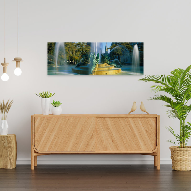 Fountain In Front Of A Building Logan Circle City Hall Philadelphia Pennsylvania USA by Jerry Driendl Photography - Wrapped Canvas Panoramic Print