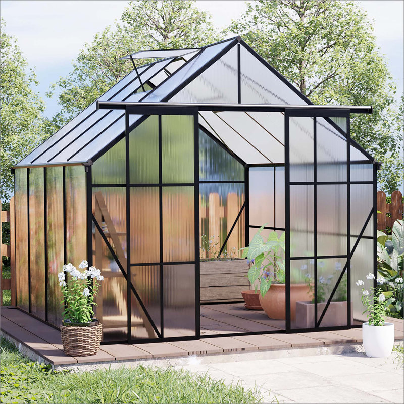 Double Door Polycarbonate Greenhouse Raised Base And Anchor Aluminum Heavy Duty Walk-In Greenhouses, 7.5' H x 7.9' W x 8.2' D