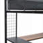 Structure de lit mezzanine pleine grandeur en acier noir avec bureau intégré et tablettes, conçue pour les petites chambres et les espaces de travail à la maison