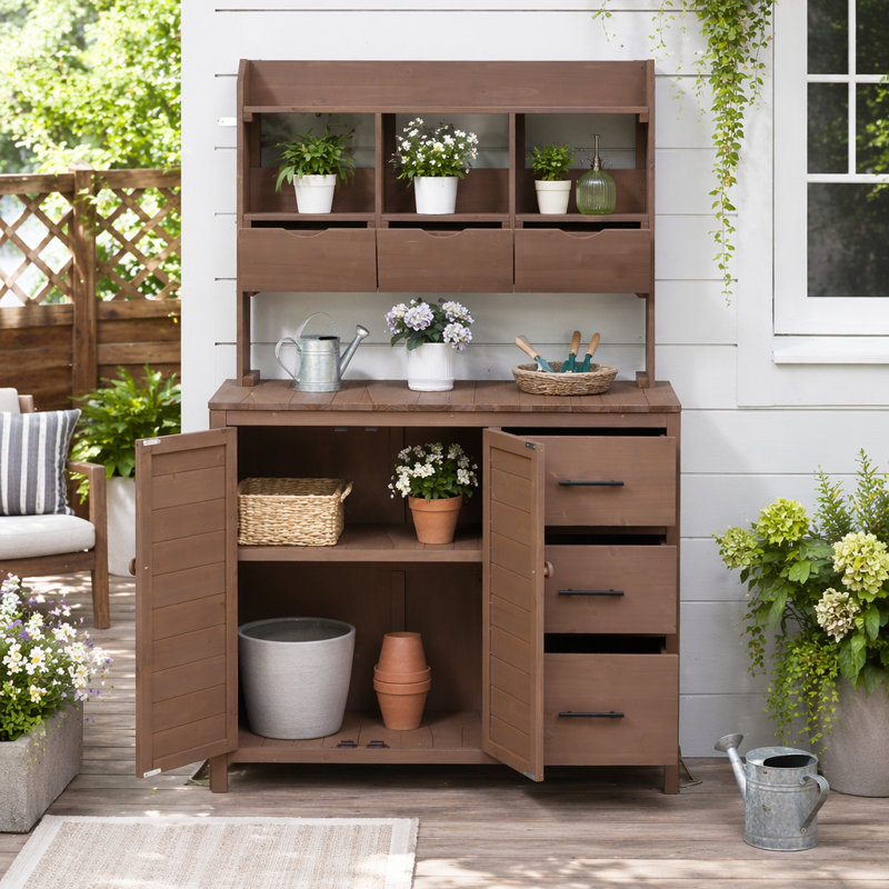 Banc de patio avec 6 tiroirs et armoire Farmhouse, Brun