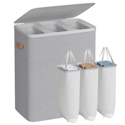 Large Laundry Hamper, 3-Compartment Basket With Removable Liners, Easy Assembly Basket For Bedroom, Handles